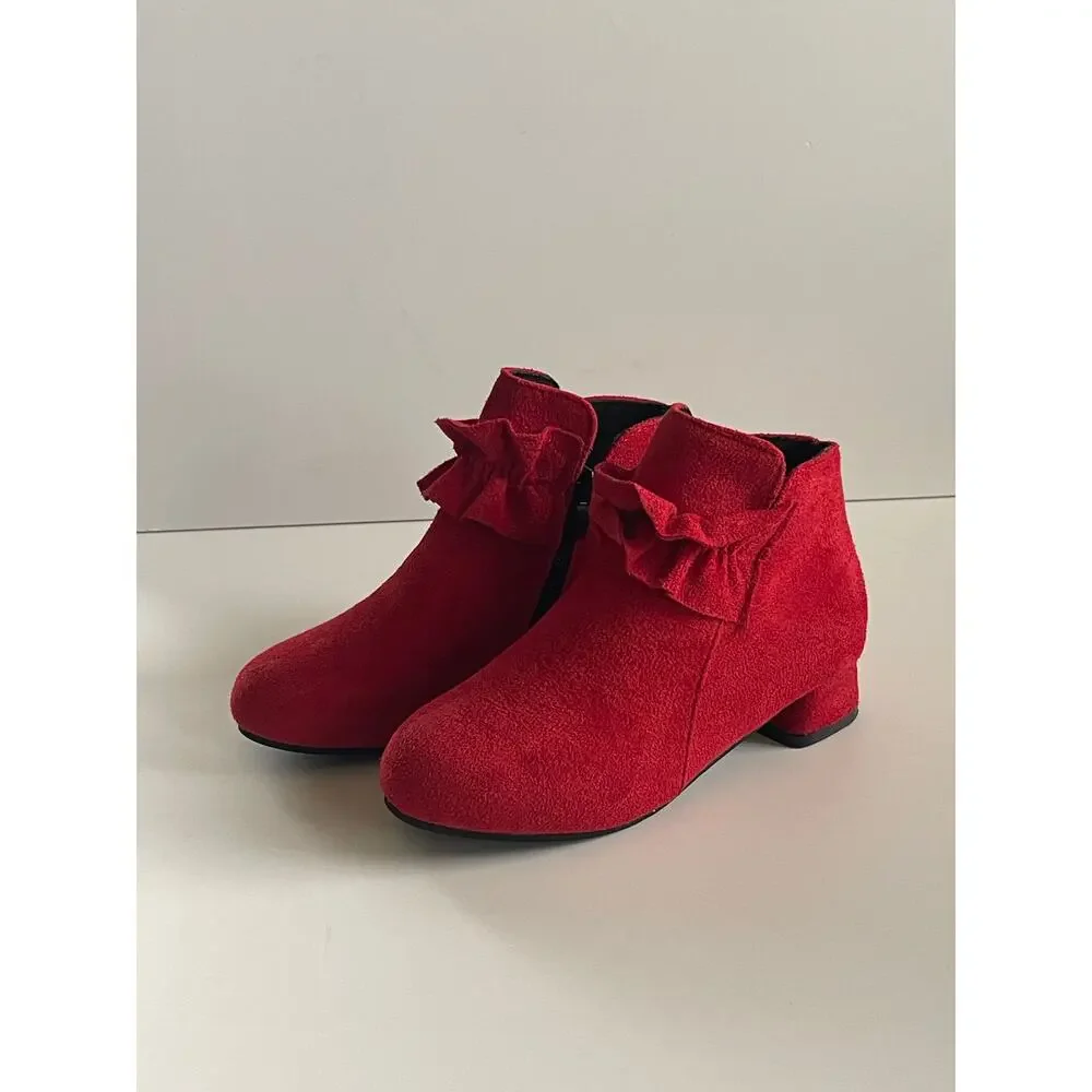 Red princess casual shoes, winter warm cotton short boots size 2.5